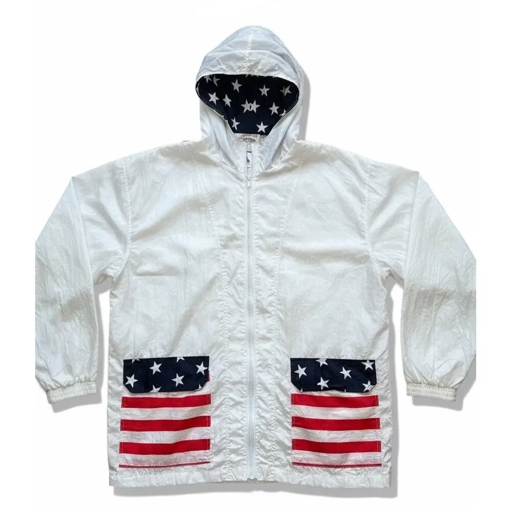 VTG 80s USA Flag Jacket Converts To Backpack Parachute Americana Stars Stripes L